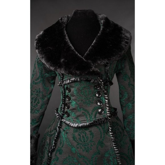 New Heavy Brocade High Low Coat Queen Royal Princess Renaissance Medieval Green - Picture 5 of 7